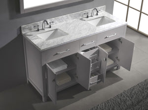 MD-2060-WMSQ-CG Cashmere Gray Caroline 60" Double Bath Vanity Set with Italian Carrara White Marble Top & Rectangular Double Centered Basin, Mirror open front