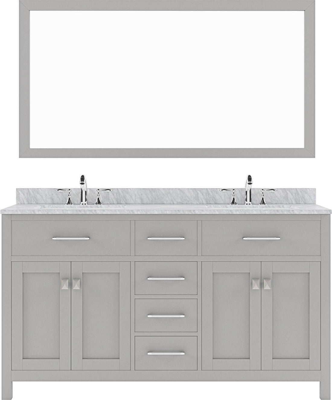 MD-2060-WMSQ-CG Cashmere Gray Caroline 60" Double Bath Vanity Set with Italian Carrara White Marble Top & Rectangular Double Centered Basin, Mirror