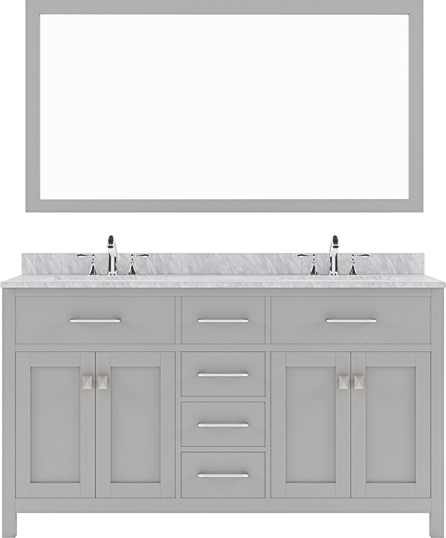 MD-2060-WMSQ-CG Cashmere Gray Caroline 60" Double Bath Vanity Set with Italian Carrara White Marble Top & Rectangular Double Centered Basin, Mirror
