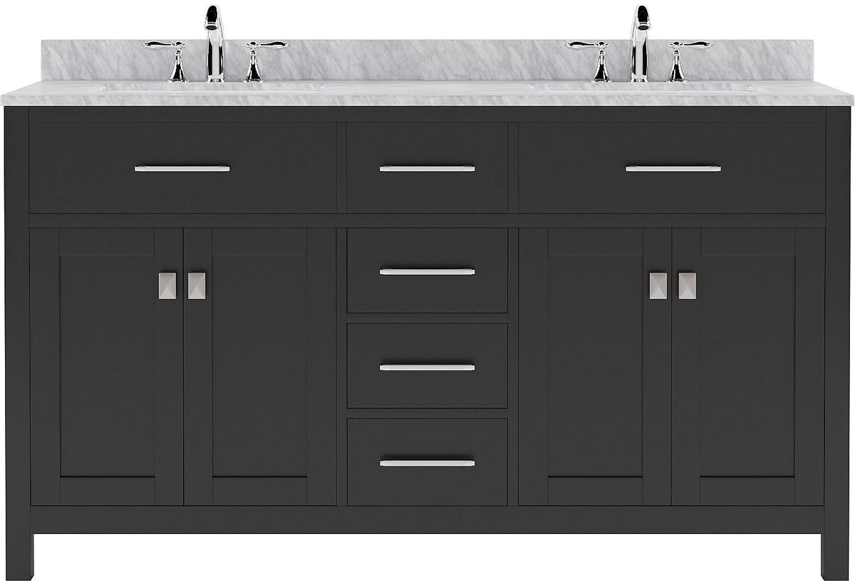 MD-2060-WMSQ-ES Espresso Caroline 60" Double Bath Vanity Set with Italian Carrara White Marble Top & Rectangular Double Centered Basin