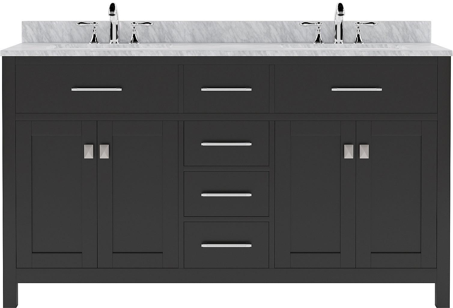 MD-2060-WMSQ-ES Espresso Caroline 60" Double Bath Vanity Set with Italian Carrara White Marble Top & Rectangular Double Centered Basin