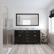 Load image into Gallery viewer, MD-2060-WMSQ-ES Espresso Caroline 60&quot; Double Bath Vanity Set with Italian Carrara White Marble Top &amp; Rectangular Double Centered Basin, Mirror  styled