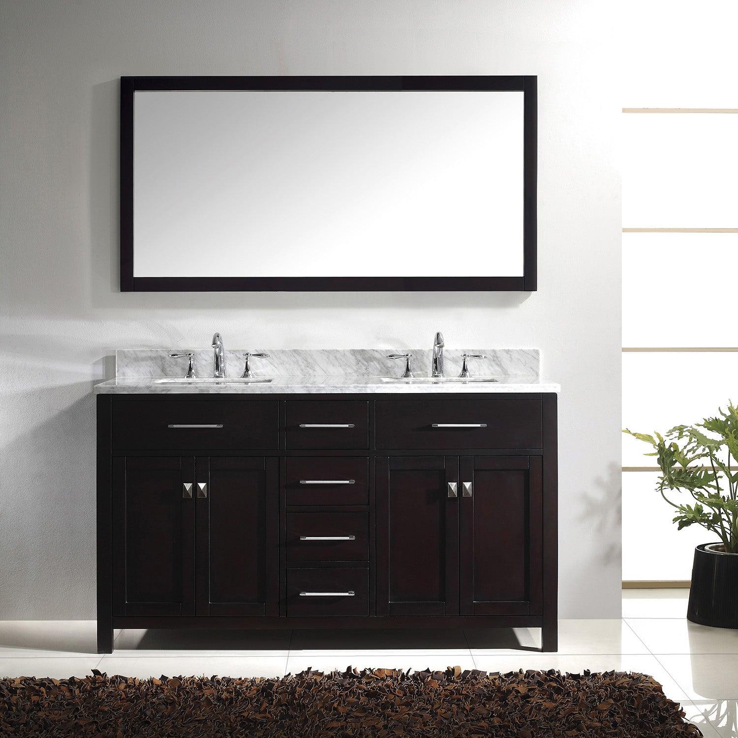MD-2060-WMSQ-ES Espresso Caroline 60" Double Bath Vanity Set with Italian Carrara White Marble Top & Rectangular Double Centered Basin, Mirror  1