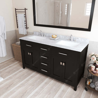 MD-2060-WMSQ-ES Espresso Caroline 60" Double Bath Vanity Set with Italian Carrara White Marble Top & Rectangular Double Centered Basin, Mirror  side