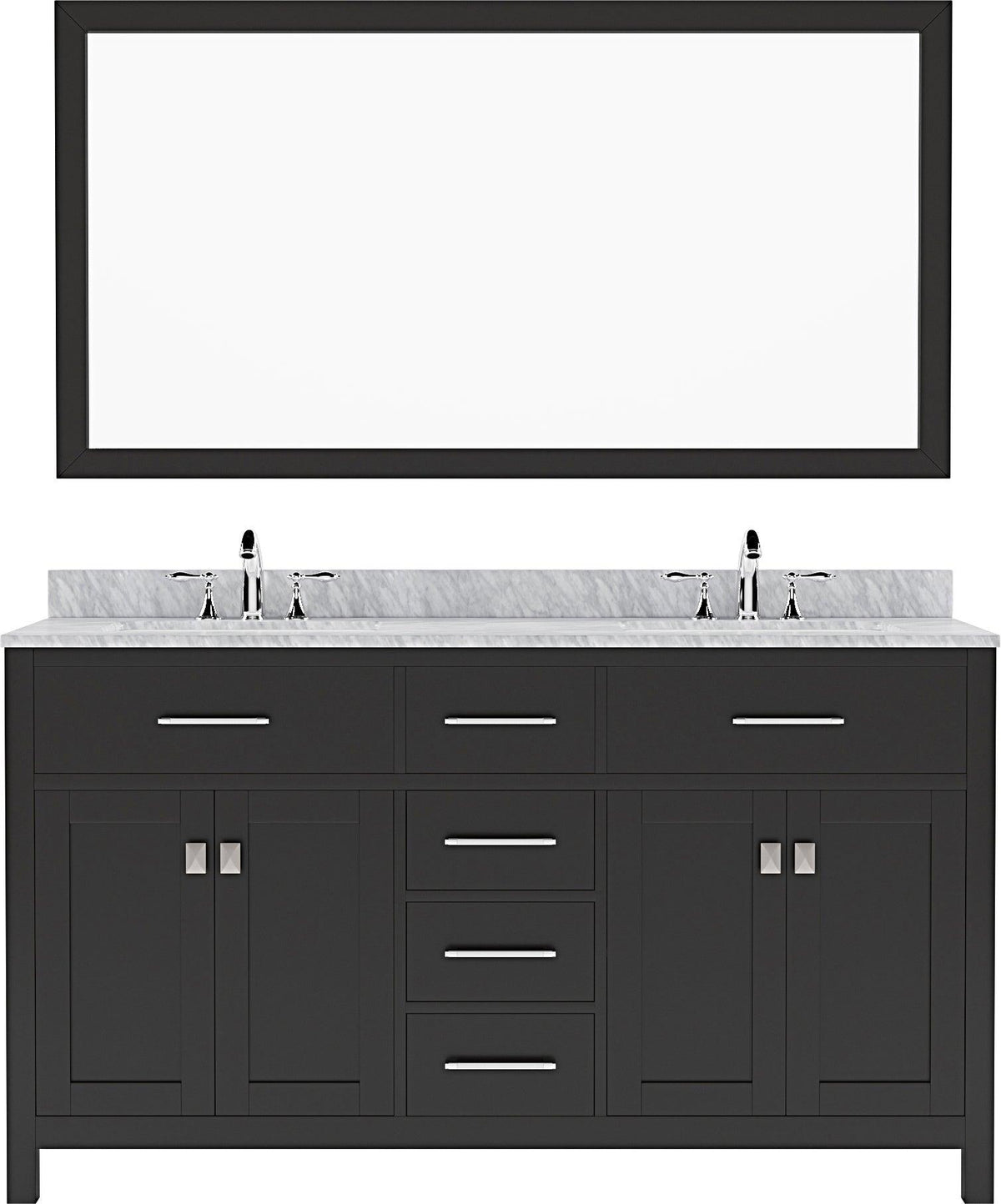 MD-2060-WMSQ-ES Espresso Caroline 60" Double Bath Vanity Set with Italian Carrara White Marble Top & Rectangular Double Centered Basin, Mirror 