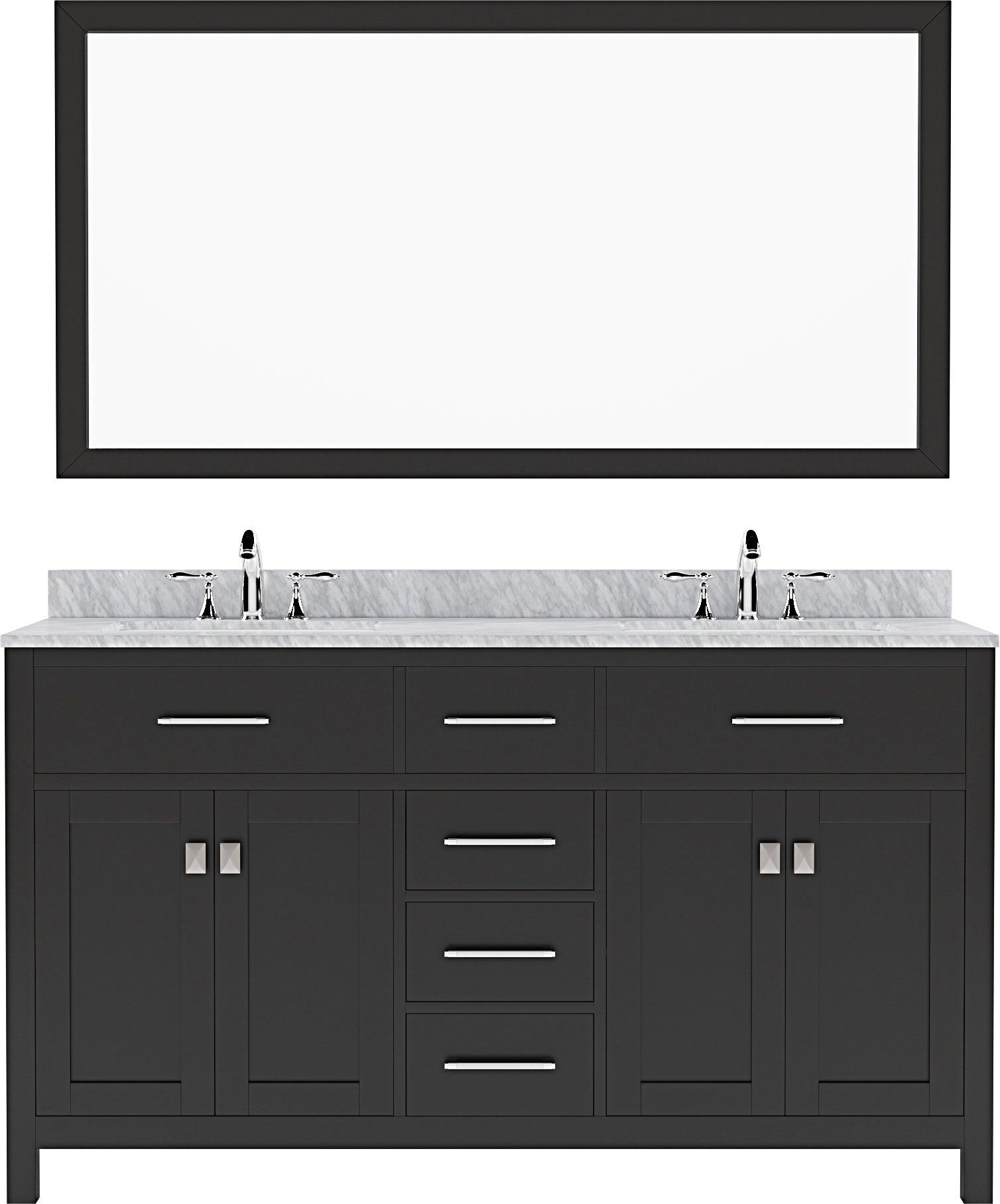 MD-2060-WMSQ-ES Espresso Caroline 60" Double Bath Vanity Set with Italian Carrara White Marble Top & Rectangular Double Centered Basin, Mirror 