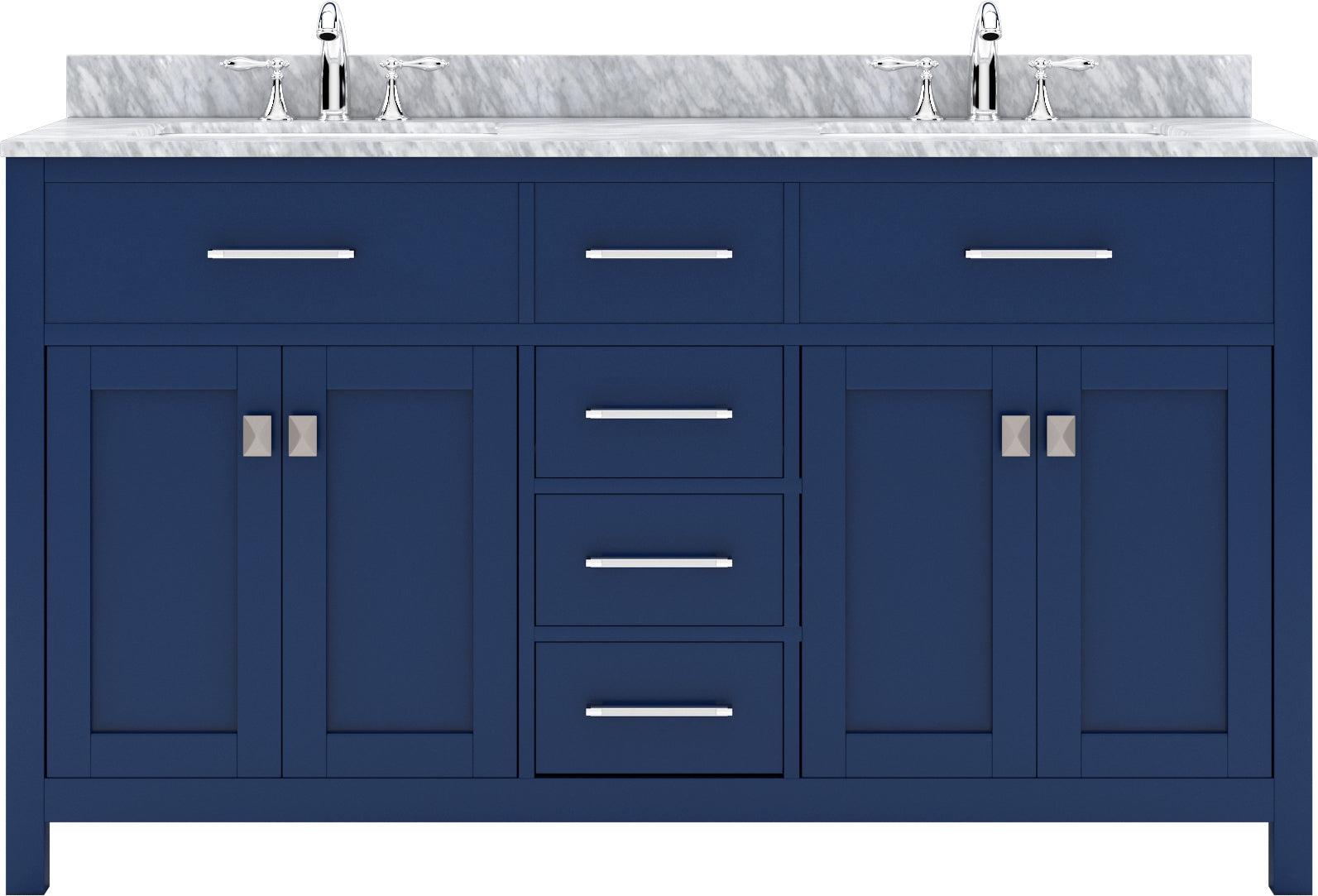 MD-2060-WMSQ-FB Blue Caroline 60" Double Bath Vanity Set with Italian Carrara White Marble Top & Rectangular Double Centered Basin