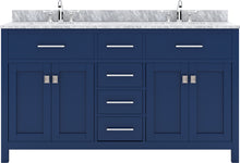 Load image into Gallery viewer, MD-2060-WMSQ-FB Blue Caroline 60&quot; Double Bath Vanity Set with Italian Carrara White Marble Top &amp; Rectangular Double Centered Basin