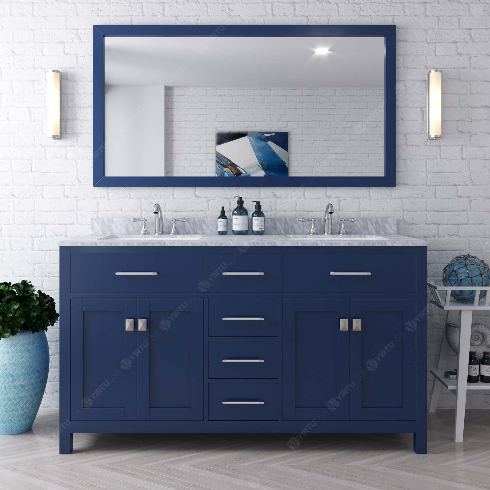 MD-2060-WMSQ-FB Blue Caroline 60" Double Bath Vanity Set with Italian Carrara White Marble Top & Rectangular Double Centered Basin, Mirror  styled