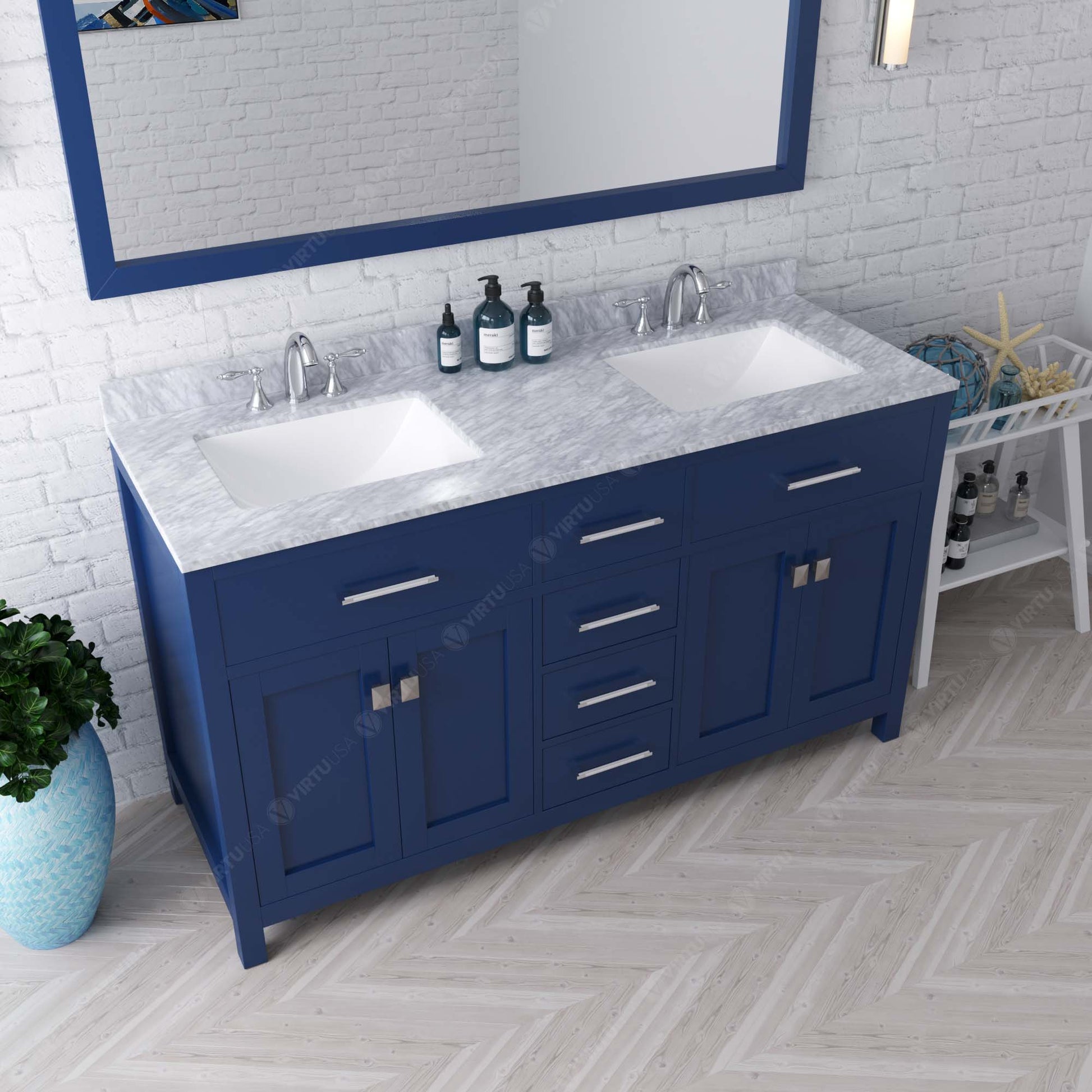 MD-2060-WMSQ-FB Blue Caroline 60" Double Bath Vanity Set with Italian Carrara White Marble Top & Rectangular Double Centered Basin, Mirror  up