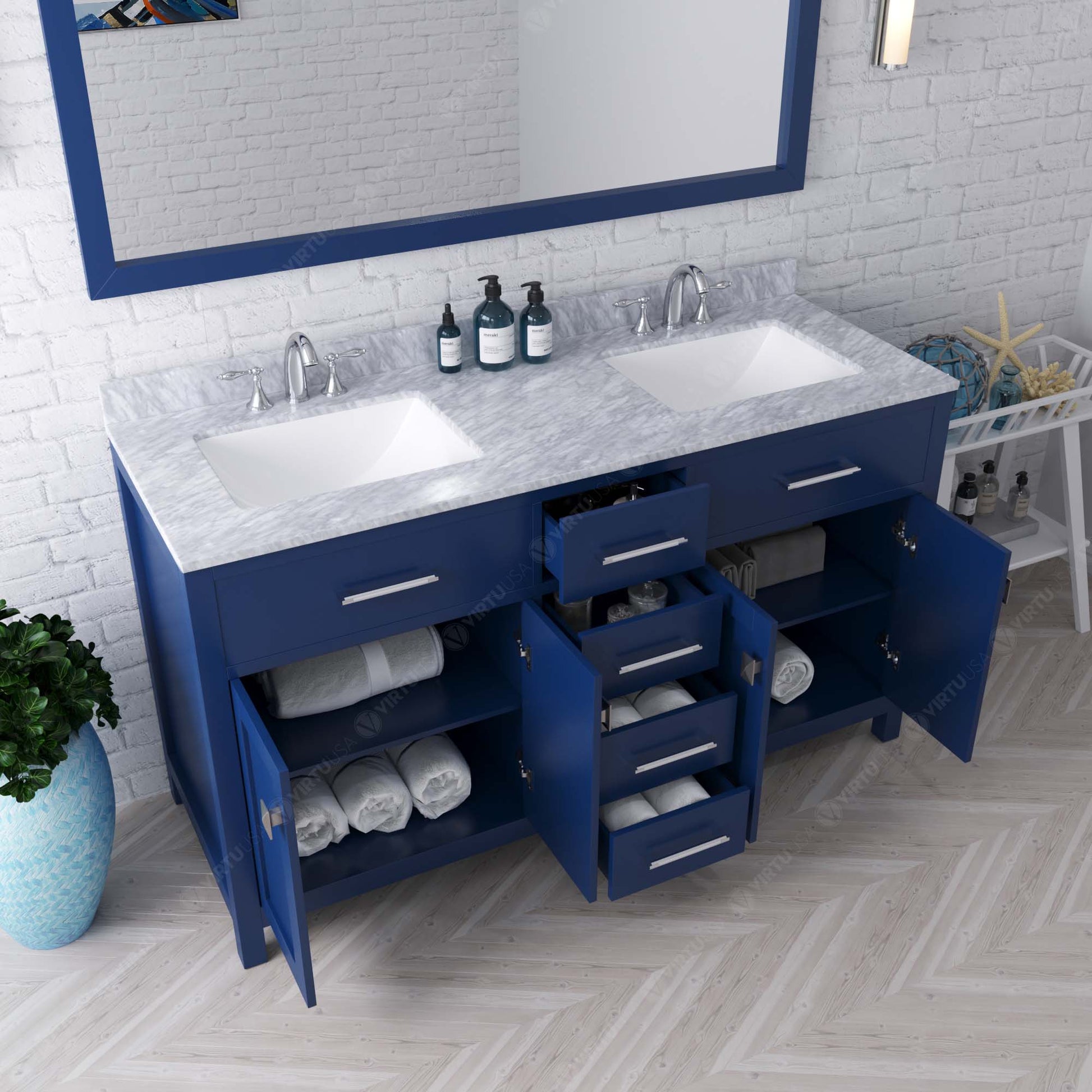 MD-2060-WMSQ-FB Blue Caroline 60" Double Bath Vanity Set with Italian Carrara White Marble Top & Rectangular Double Centered Basin, Mirror  open