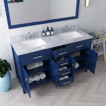 Load image into Gallery viewer, MD-2060-WMSQ-FB Blue Caroline 60&quot; Double Bath Vanity Set with Italian Carrara White Marble Top &amp; Rectangular Double Centered Basin, Mirror  open