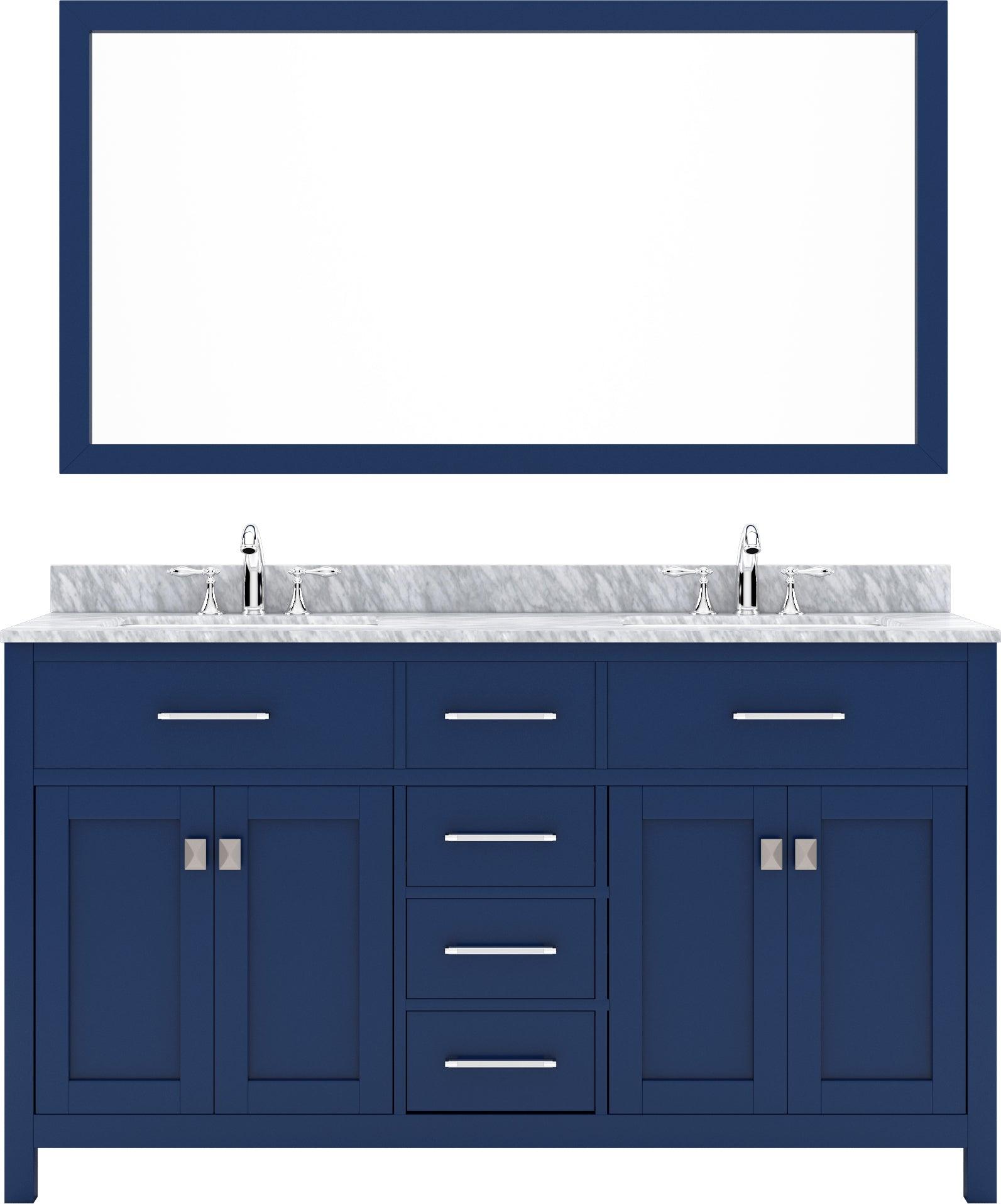 MD-2060-WMSQ-FB Blue Caroline 60" Double Bath Vanity Set with Italian Carrara White Marble Top & Rectangular Double Centered Basin, Mirror 