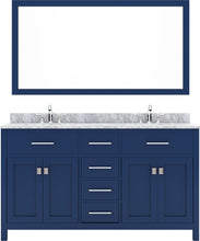 Load image into Gallery viewer, MD-2060-WMSQ-FB Blue Caroline 60&quot; Double Bath Vanity Set with Italian Carrara White Marble Top &amp; Rectangular Double Centered Basin, Mirror 