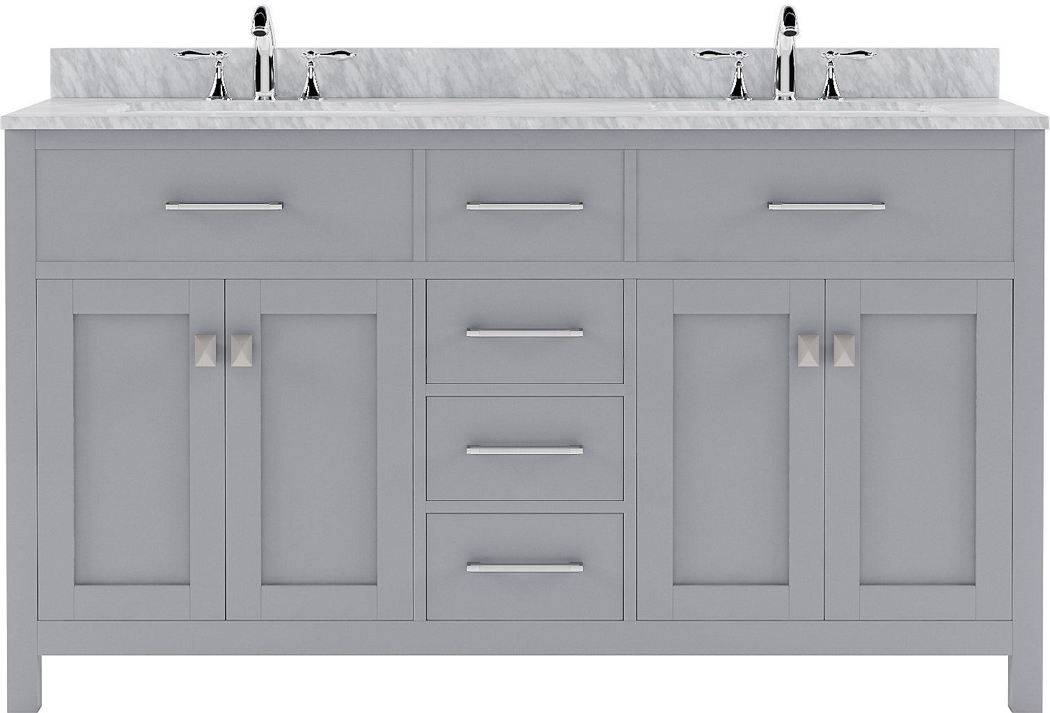 MD-2060-WMSQ-GR  Gray Caroline 60" Double Bath Vanity Set with Italian Carrara White Marble Top & Rectangular Double Centered Basin