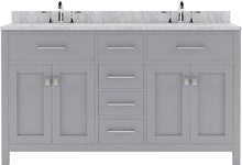 Load image into Gallery viewer, MD-2060-WMSQ-GR  Gray Caroline 60&quot; Double Bath Vanity Set with Italian Carrara White Marble Top &amp; Rectangular Double Centered Basin