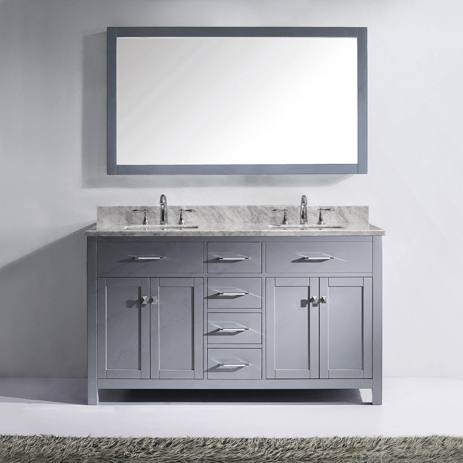 MD-2060-WMSQ-GR  Gray Caroline 60" Double Bath Vanity Set with Italian Carrara White Marble Top & Rectangular Double Centered Basin, Mirror 1