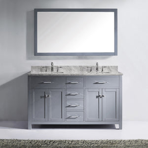 MD-2060-WMSQ-GR  Gray Caroline 60" Double Bath Vanity Set with Italian Carrara White Marble Top & Rectangular Double Centered Basin, Mirror 1