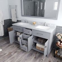 Load image into Gallery viewer, MD-2060-WMSQ-GR  Gray Caroline 60&quot; Double Bath Vanity Set with Italian Carrara White Marble Top &amp; Rectangular Double Centered Basin, Mirror open