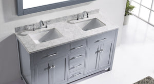 MD-2060-WMSQ-GR  Gray Caroline 60" Double Bath Vanity Set with Italian Carrara White Marble Top & Rectangular Double Centered Basin, Mirror up