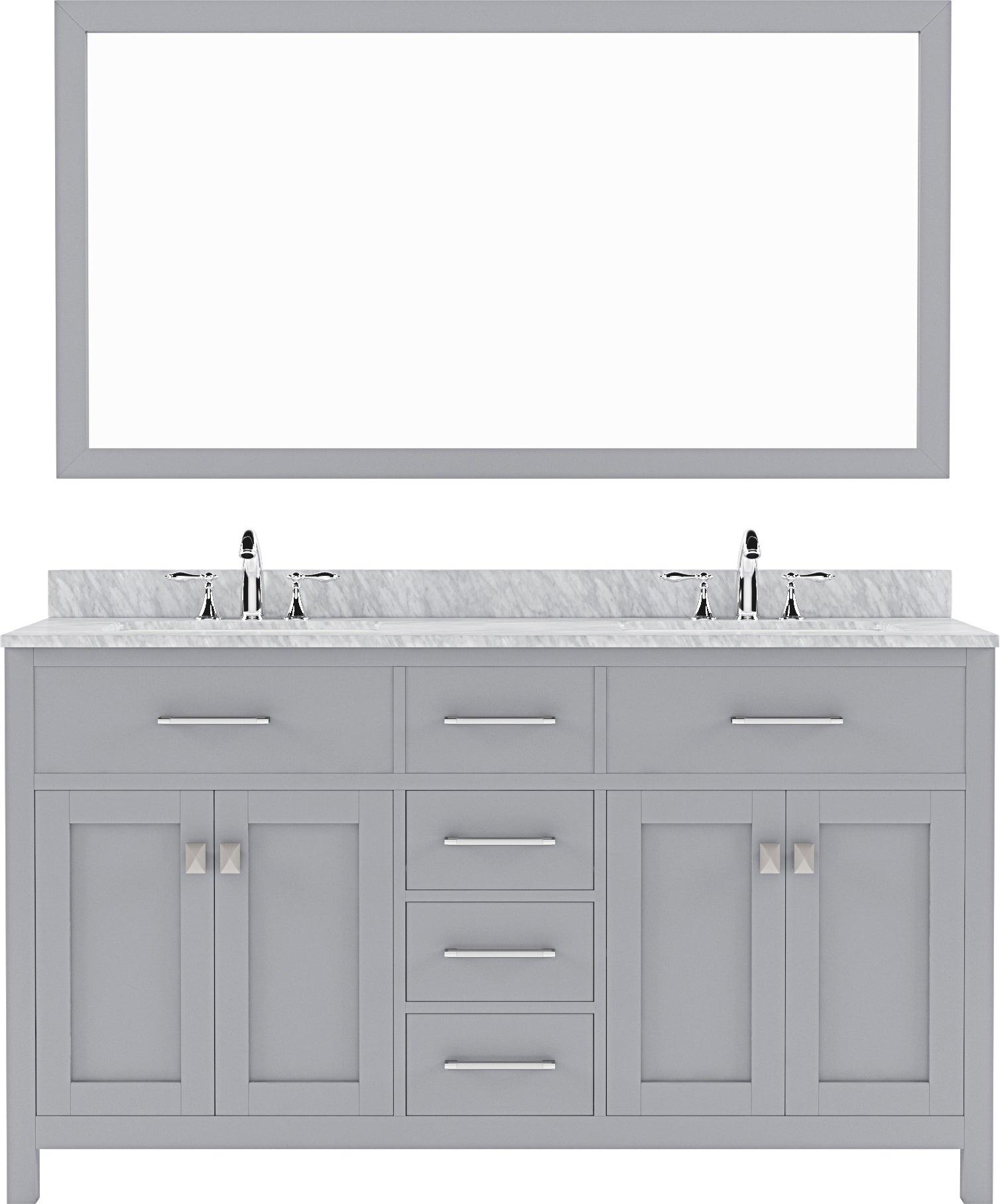 MD-2060-WMSQ-GR  Gray Caroline 60" Double Bath Vanity Set with Italian Carrara White Marble Top & Rectangular Double Centered Basin, Mirror