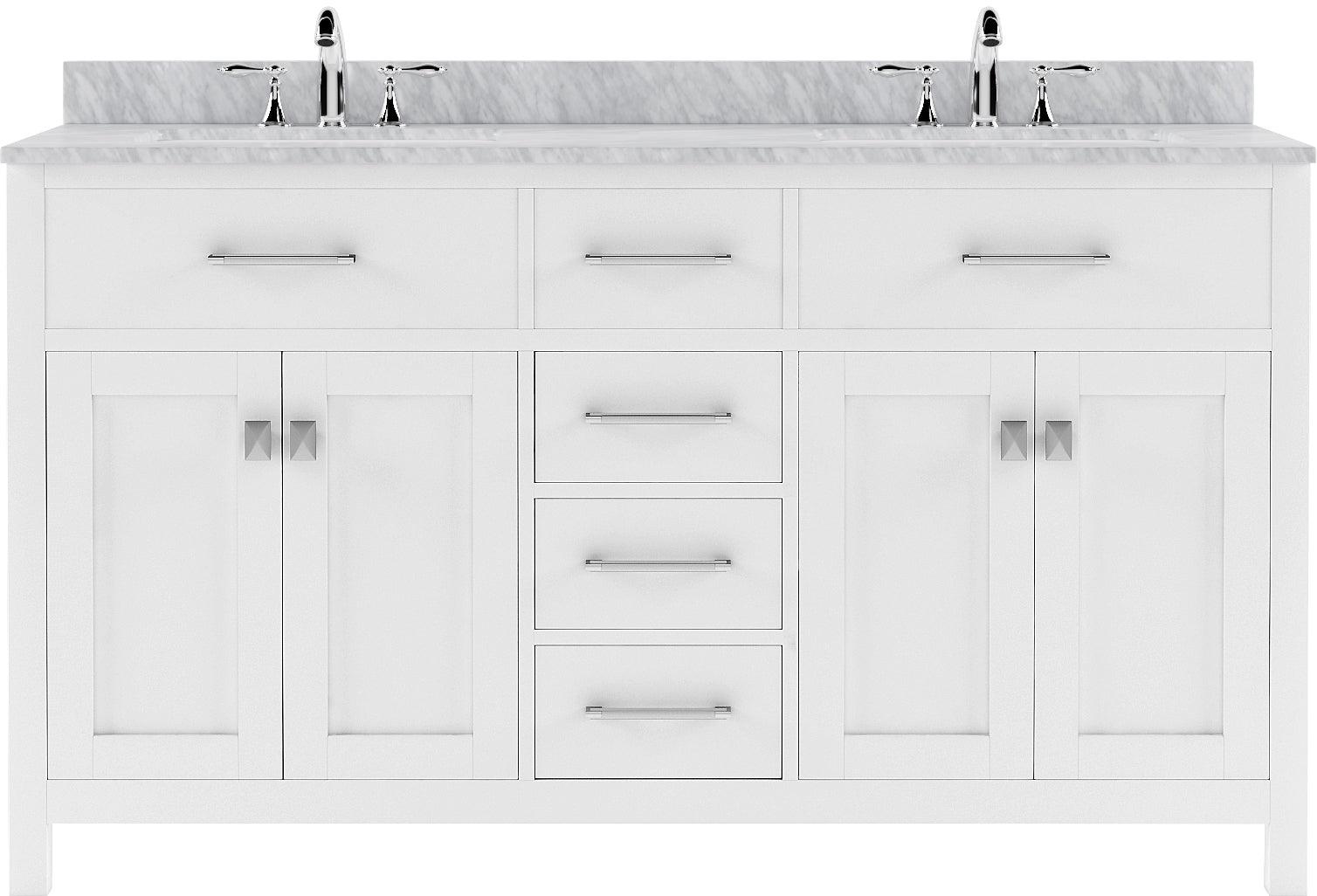 MD-2060-WMSQ-WH White Caroline 60" Double Bath Vanity Set with Italian Carrara White Marble Top & Rectangular Double Centered Basin