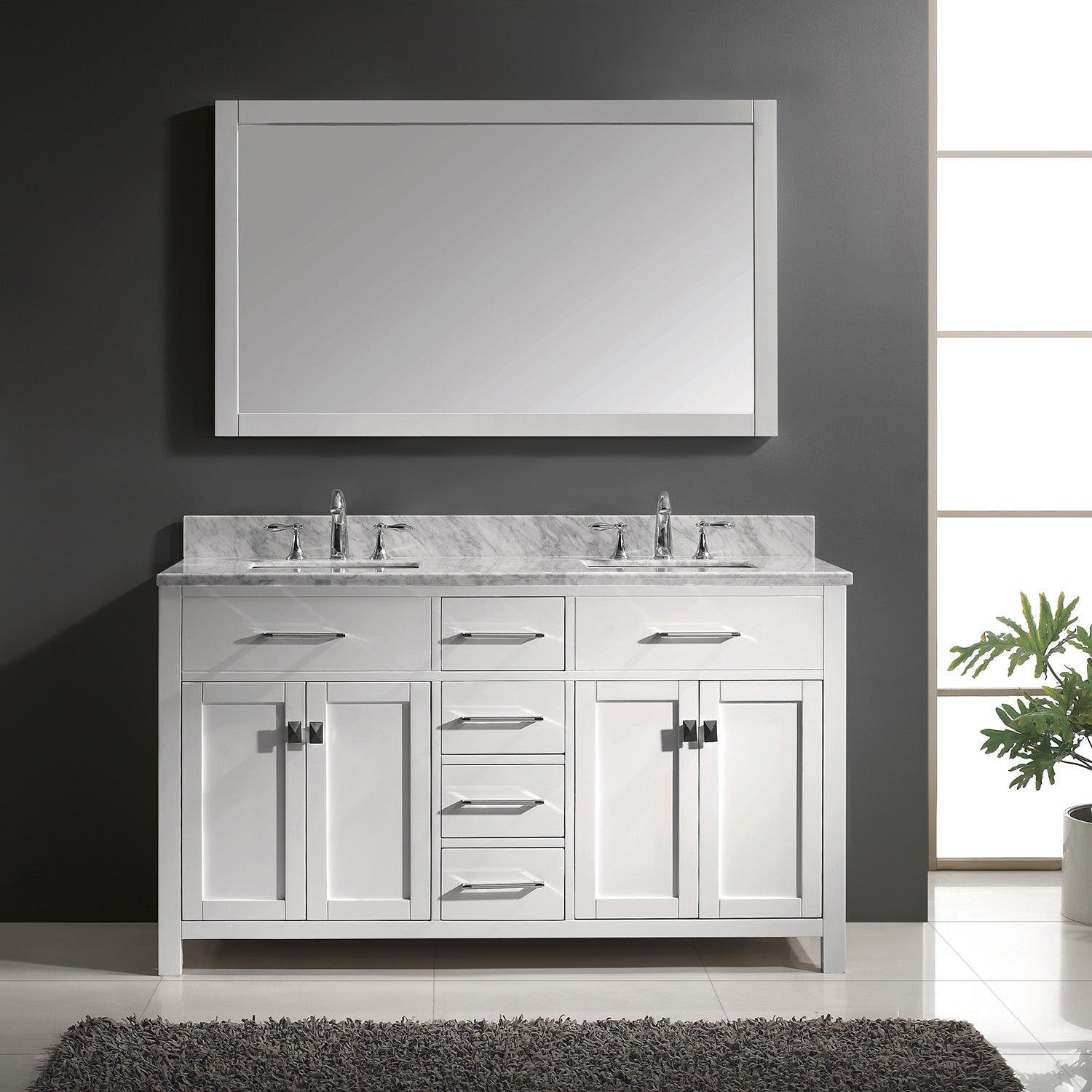 MD-2060-WMSQ-WH White Caroline 60" Double Bath Vanity Set with Italian Carrara White Marble Top & Rectangular Double Centered Basin, Mirror  1