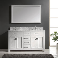 Load image into Gallery viewer, MD-2060-WMSQ-WH White Caroline 60&quot; Double Bath Vanity Set with Italian Carrara White Marble Top &amp; Rectangular Double Centered Basin, Mirror  1