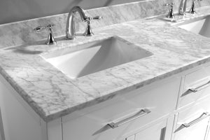 MD-2060-WMSQ-WH White Caroline 60" Double Bath Vanity Set with Italian Carrara White Marble Top & Rectangular Double Centered Basin, Mirror  up
