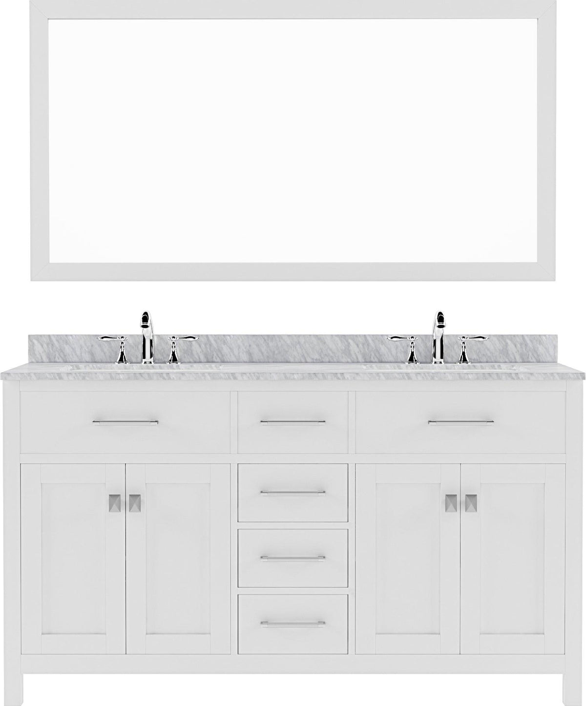 MD-2060-WMSQ-WH White Caroline 60" Double Bath Vanity Set with Italian Carrara White Marble Top & Rectangular Double Centered Basin, Mirror 
