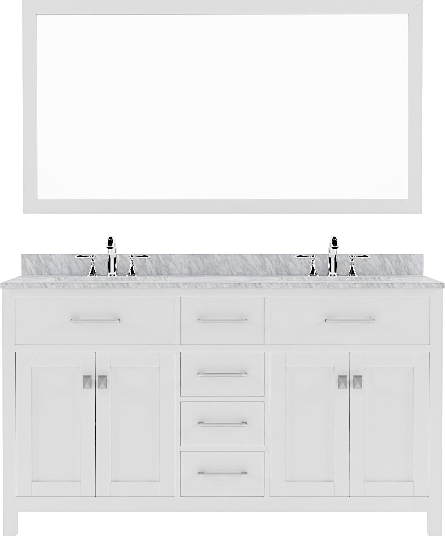 MD-2060-WMSQ-WH White Caroline 60" Double Bath Vanity Set with Italian Carrara White Marble Top & Rectangular Double Centered Basin, Mirror 