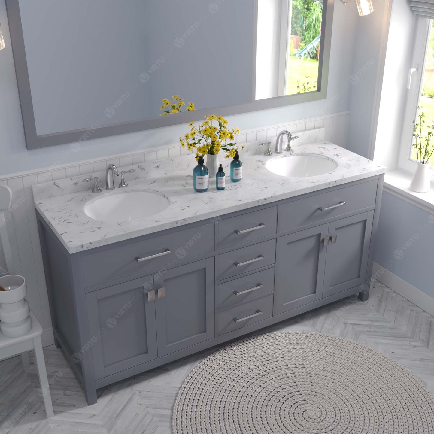 Caroline 72" Double Bath Vanity Set with Cultured Marble Quartz Top & Oval Centered Basin