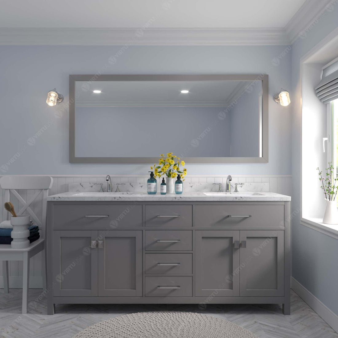MD-2072-CMSQ-CG Cashmere Gray Caroline 72" Double Bath Vanity Set with Cultured Marble Quartz Top & Rectangular Centered Basin, Mirror