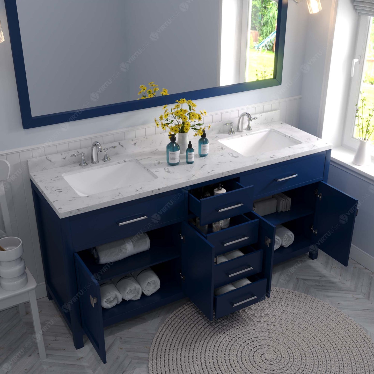 MD-2072-CMSQ-FB Blue Caroline 72" Double Bath Vanity Set with Cultured Marble Quartz Top & Rectangular Centered Basin, Mirror open