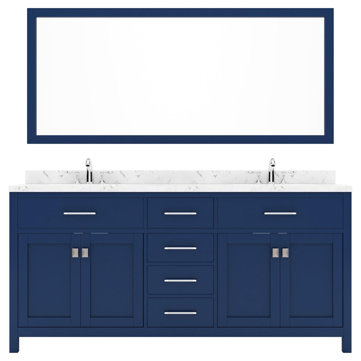 MD-2072-CMSQ-FB Blue Caroline 72" Double Bath Vanity Set with Cultured Marble Quartz Top & Rectangular Centered Basin, Mirror
