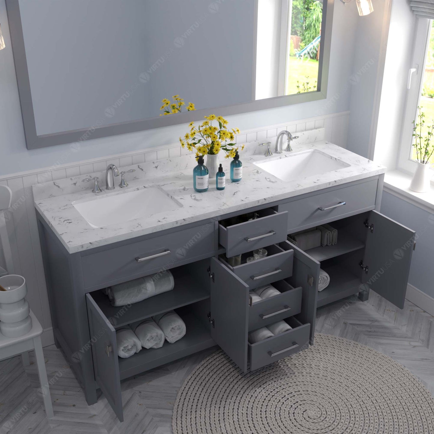 MD-2072-CMSQ-GR Gray Caroline 72" Double Bath Vanity Set with Cultured Marble Quartz Top & Rectangular Centered Basin, Mirror open