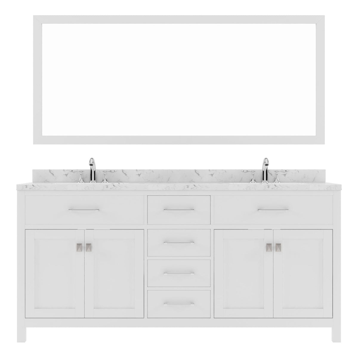 MD-2072-CMSQ-WH White Caroline 72" Double Bath Vanity Set with Cultured Marble Quartz Top & Rectangular Centered Basin, Mirror