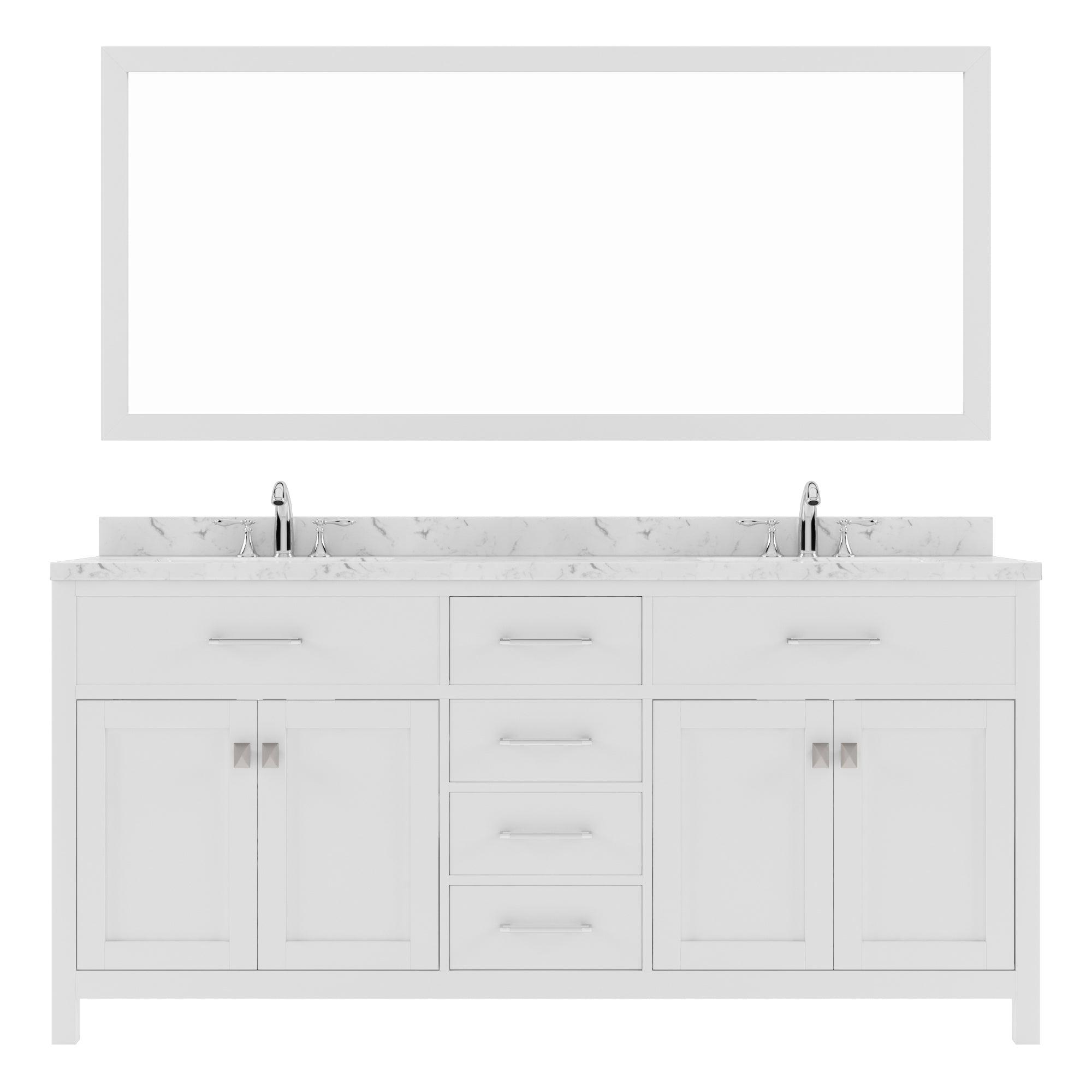 MD-2072-CMSQ-WH White Caroline 72" Double Bath Vanity Set with Cultured Marble Quartz Top & Rectangular Centered Basin, Mirror
