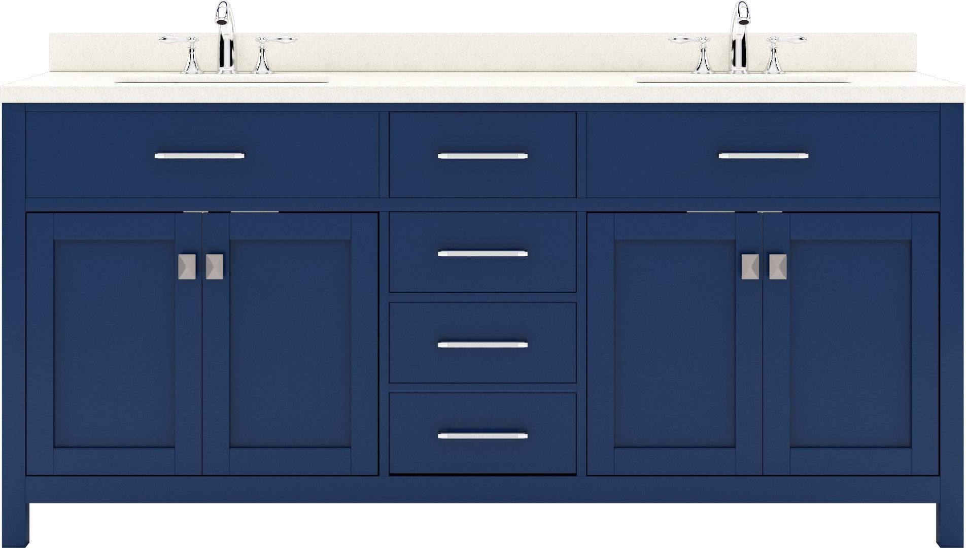 MD-2072-DWQRO-FB Blue Caroline 72" Double Bath Vanity Set with Dazzle White Quartz Top & Oval Double Centered Basin