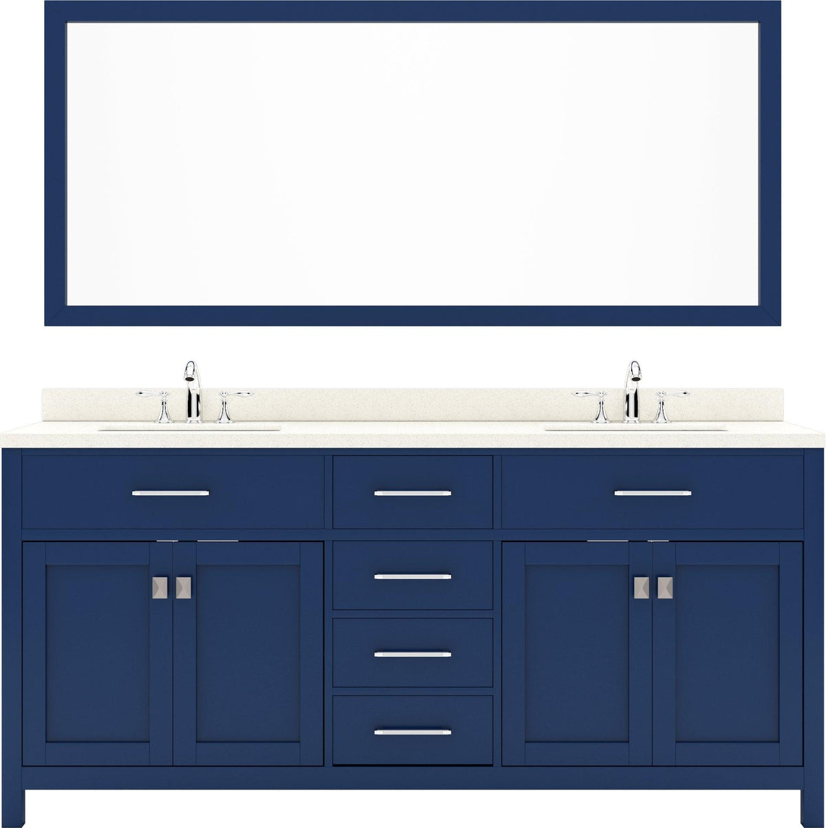 MD-2072-DWQRO-FB Blue Caroline 72" Double Bath Vanity Set with Dazzle White Quartz Top & Oval Double Centered Basin, Mirror