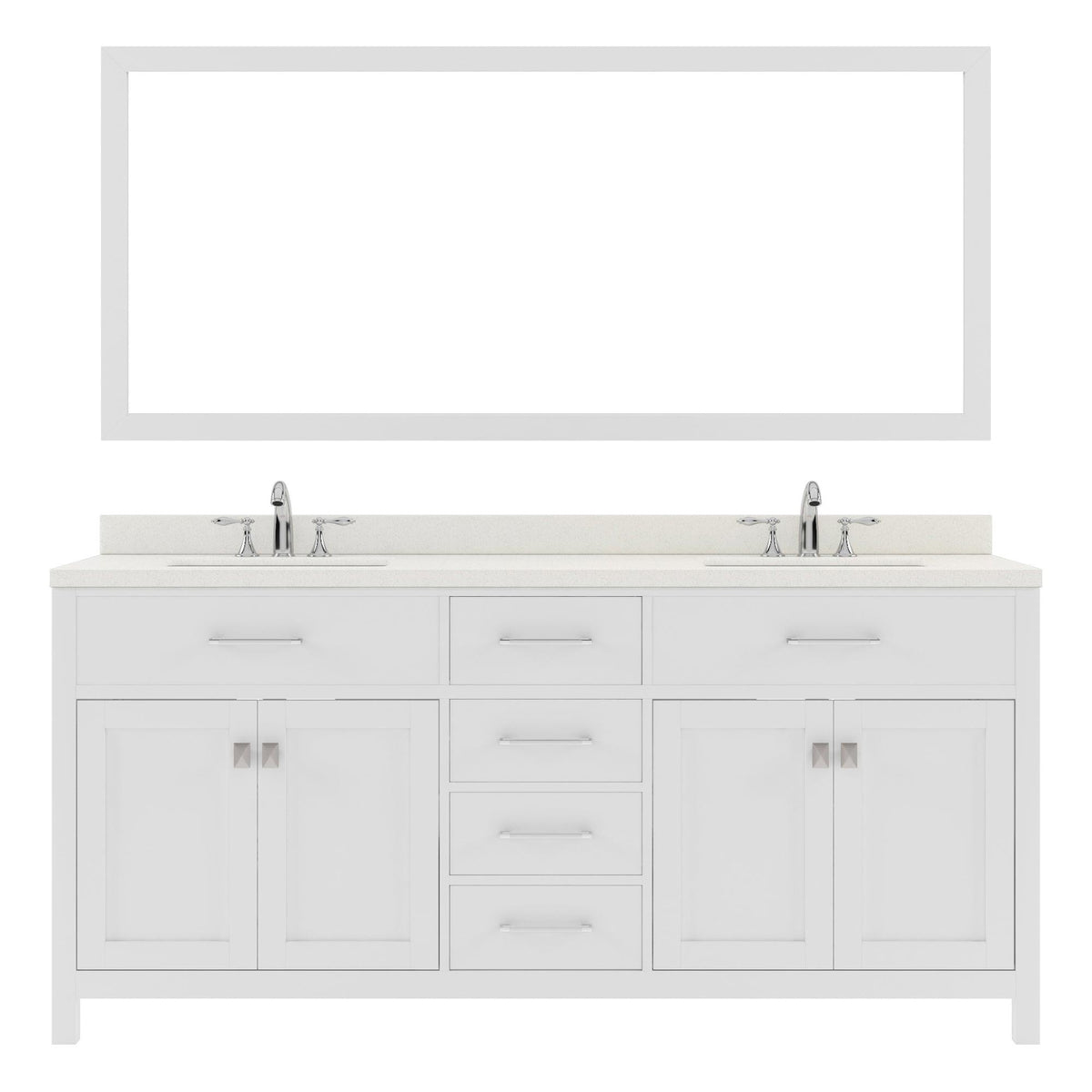 MD-2072-DWQRO-WH White Caroline 72" Double Bath Vanity Set with Dazzle White Quartz Top & Oval Double Centered Basin, Mirror