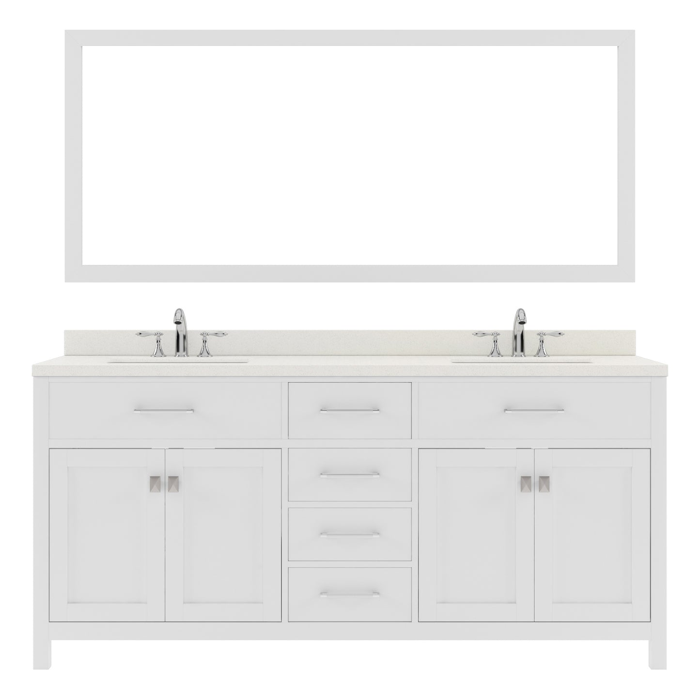 MD-2072-DWQRO-WH White Caroline 72" Double Bath Vanity Set with Dazzle White Quartz Top & Oval Double Centered Basin, Mirror