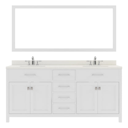 MD-2072-DWQRO-WH White Caroline 72" Double Bath Vanity Set with Dazzle White Quartz Top & Oval Double Centered Basin, Mirror