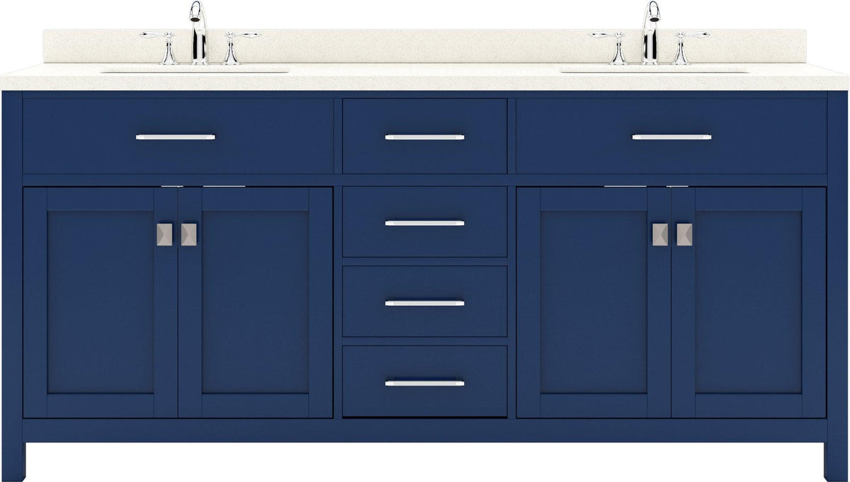 MD-2072-DWQSQ-FB Blue Caroline 72" Double Bath Vanity Set with Dazzle White Quartz Top & Rectangular Centered Basin