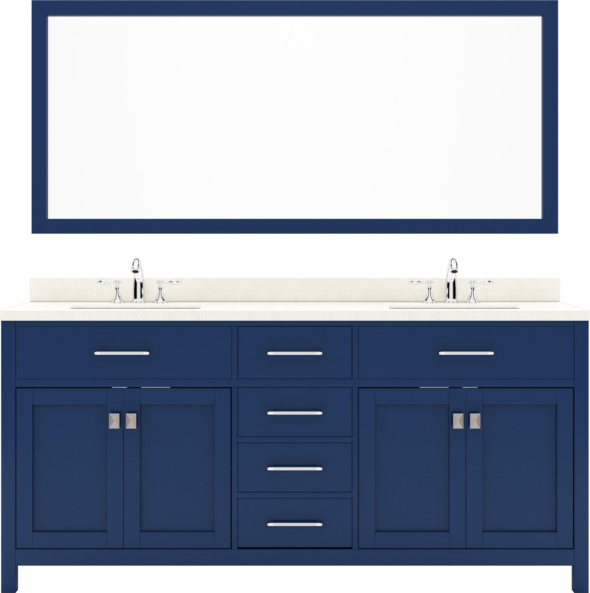 MD-2072-DWQSQ-FB Blue Caroline 72" Double Bath Vanity Set with Dazzle White Quartz Top & Rectangular Centered Basin, Mirror