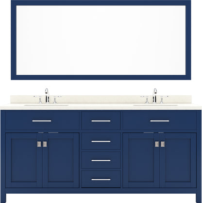 MD-2072-DWQSQ-FB Blue Caroline 72" Double Bath Vanity Set with Dazzle White Quartz Top & Rectangular Centered Basin, Mirror