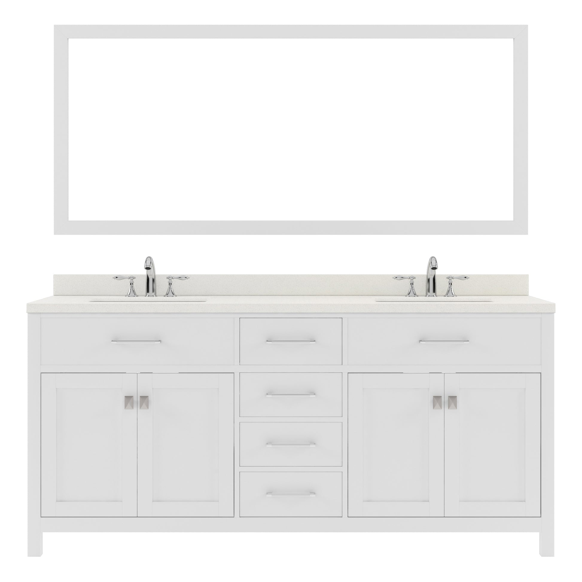 MD-2072-DWQSQ-WH White Caroline 72" Double Bath Vanity Set with Dazzle White Quartz Top & Rectangular Centered Basin, Mirror