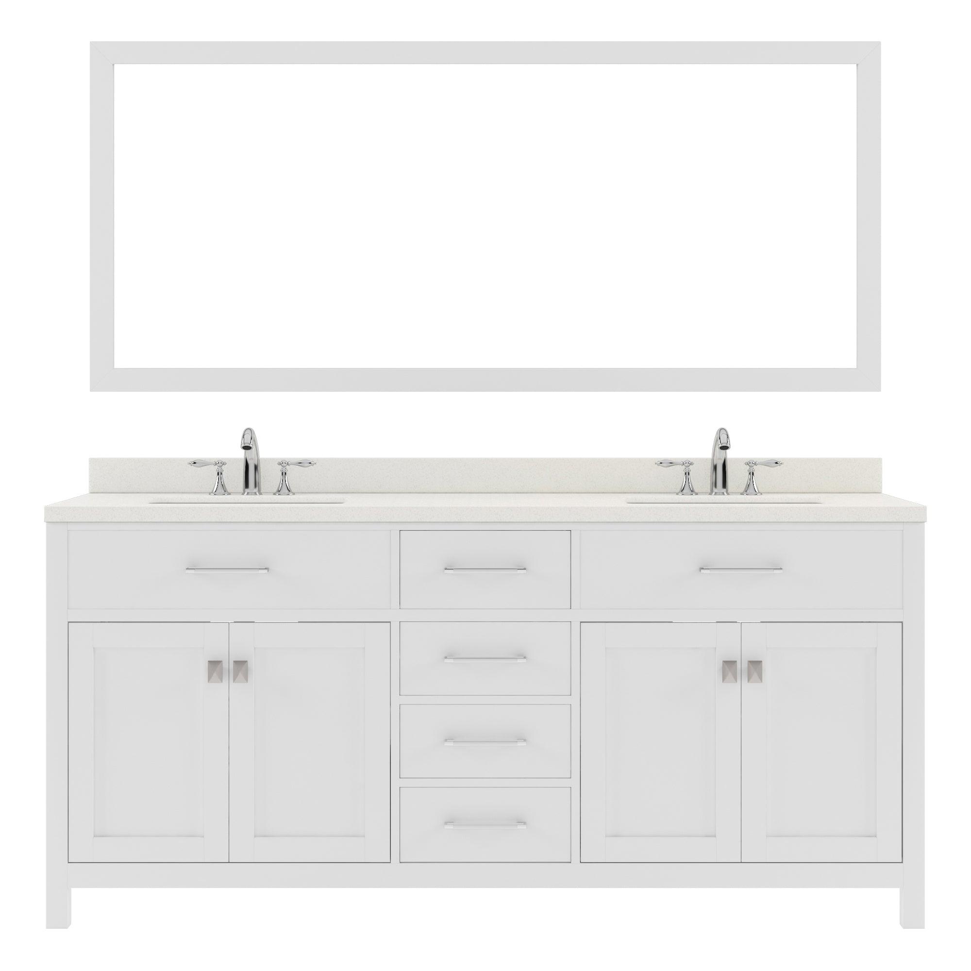 MD-2072-DWQSQ-WH White Caroline 72" Double Bath Vanity Set with Dazzle White Quartz Top & Rectangular Centered Basin, Mirror