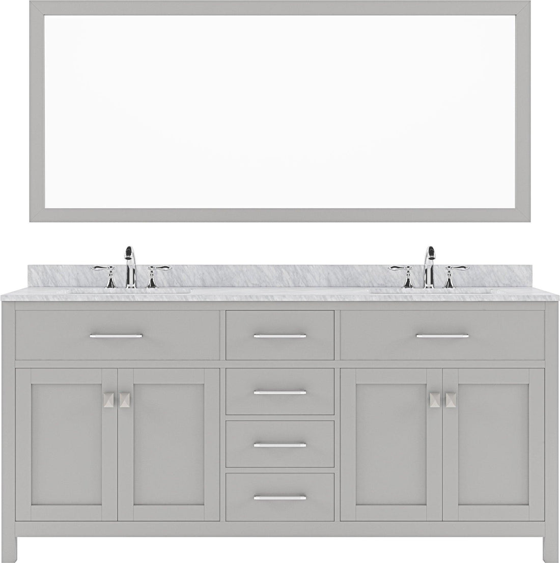 MD-2072-WMRO-CG Cashmere Gray Caroline 72" Double Bath Vanity Set with Italian Carrara White Marble Top & Oval Double Centered Basin, Mirror