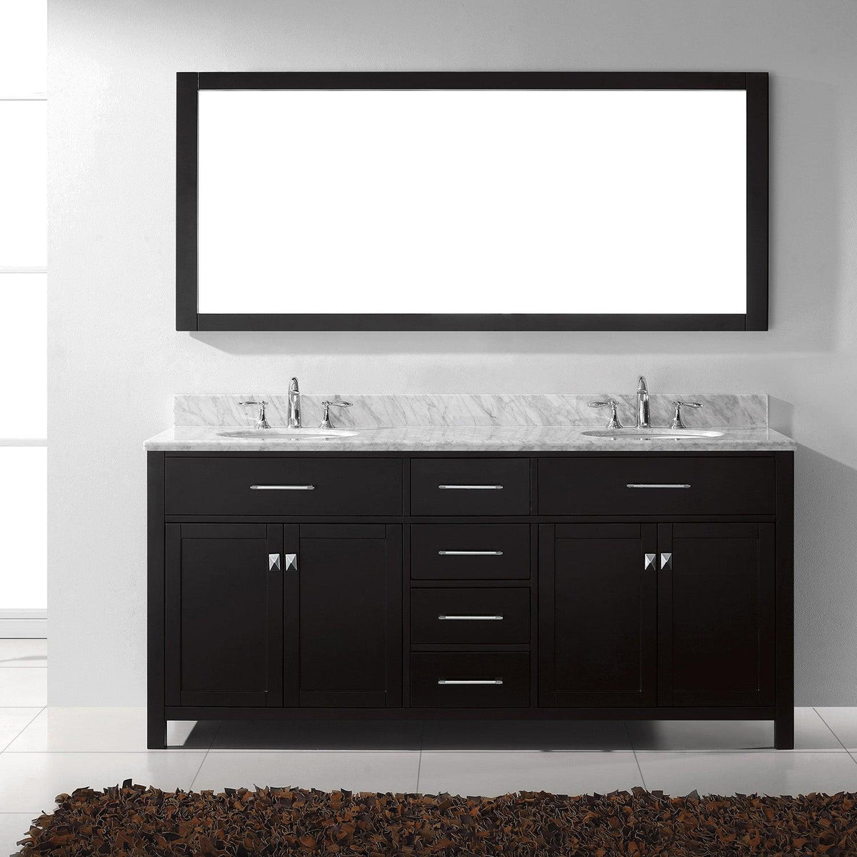 MD-2072-WMRO-ES Espresso Caroline 72" Double Bath Vanity Set with Italian Carrara White Marble Top & Oval Double Centered Basin, Mirror